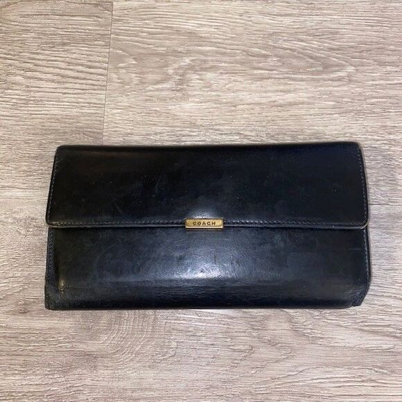 COACH Vtg Lexington Smooth Black Leather Long Trifold Clutch Wallet Checkbook - Picture 1 of 4
